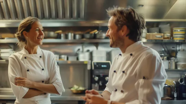 Two chefs having a conversation in a kitchen
