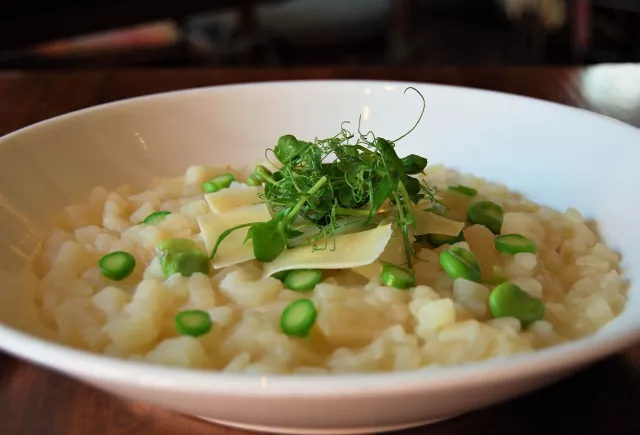 potato risotto Milanese with asparagus ends & trashed fava beans 