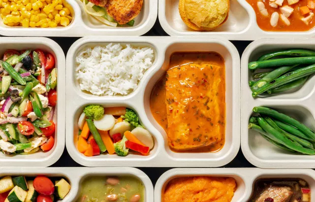 Overhead shot of various meals in food tray