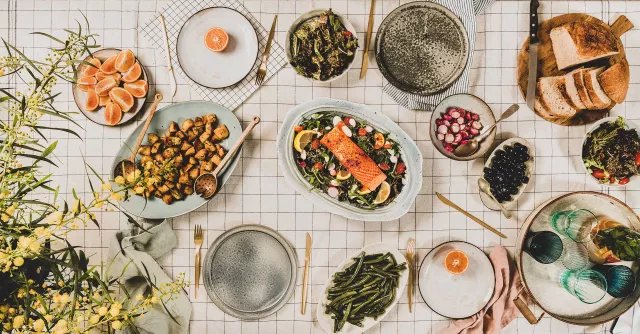 Top down shot of various food dishes on table